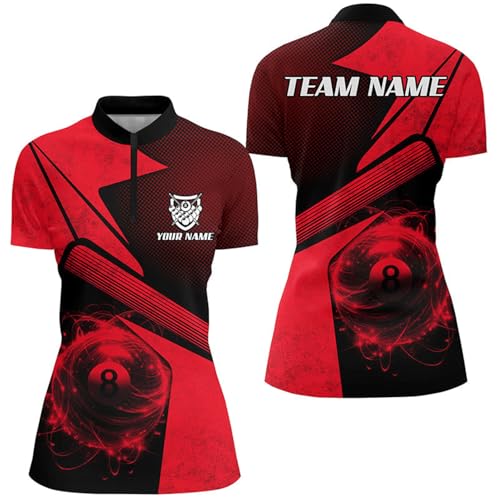 Personalized Sport Red 8 Ball Billiard 3D Quarter Zip Shirts for Women 8 Ball Pool Team Jerseys V1044