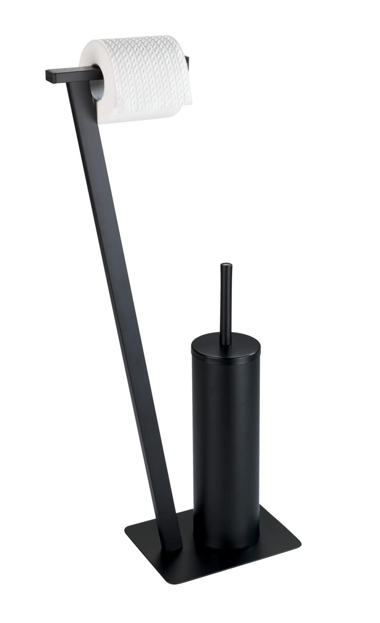 WENKO Stand WC-Garnitur Lirio, Ständer für Toilettenpapier & Toilettenbürste, WC-Papierhalter, stehender Rollenhalter inkl. Bürste, lackierter Stahl, 15 x 68,5 x 30 cm, Schwarz matt