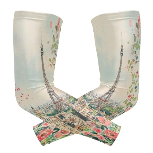 Kigai Romantic Paris Flowers UV Sun Protection Arm Sleeves for Men Women Cooling Compression Sports Arm Sleeves Tattoo Cover Up