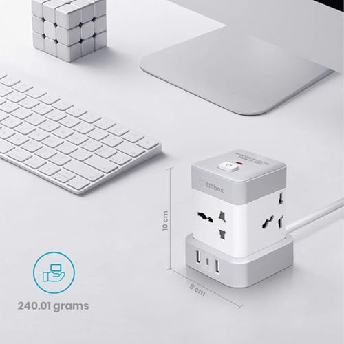 Image of EMBOX Cube Extension Board 5 Meter Cable Type C | (3.4 A) (QC 3.0) Universal Sockets 2500W Extension Board with Switches Safety Shutter & Overload Protector | Extension Cord 12W