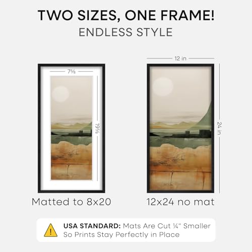 Image of Homeforia 12x24 Black Wood Picture Frame, High End Oak 12x24 Poster Frames with Mat 8x20 Photo, 12 x 24 Black Wooden Frames Matted to 8 by 20, 24x12 Panoramic Frame, Tempered Glass, Wall Kit, Set of 1