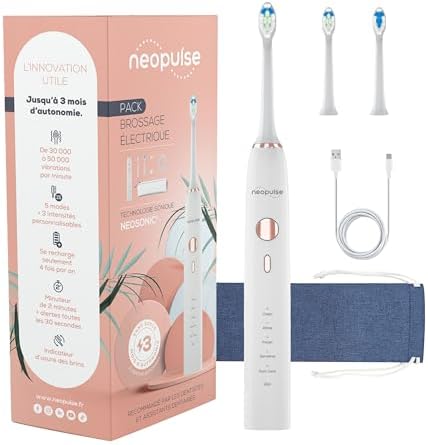 NEOSONIC® - Brosse à Dents Électrique Sonique Autonomie 3 Mois - 15 Modes - Rechargeable USB-C - Minuterie 2 Min - 2 Têtes Incluses - Garantie 2 Ans - Brosse Sonique Blanche par NEOPULSE