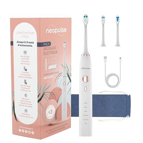 NEOSONIC - Sonic Electric Toothbrush with 3 Months Battery Life - 15 Modes - USB Rechargeable - 2 Min Timer - 2 Heads Included - 2 Year Warranty - White Sonic Brush NEOPULSE