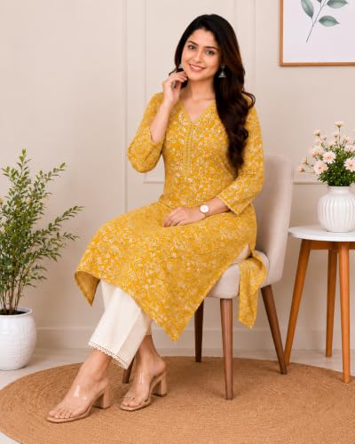 Image of Women's Cotton Floral Printed V-Neck A-Line Kurta /Regular Fit Kurti-3 /4 Sleeve