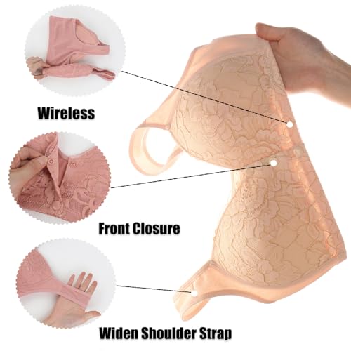 Image of No Underwire Lace Bras for Women Sponge Cup Front Closure Bra for Seniors Plus Size Full Coverage Bra No Wire Bras