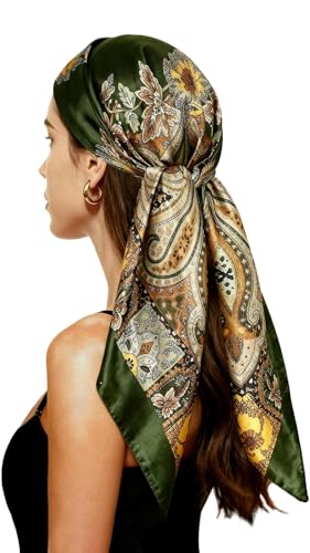 Bomabaolo 35 ''Headscarf for Women，Square Silk-Like Headscarf,Breathable Fashion Bandana,Multiple Colors，Women's Gifts (Vintage Green)