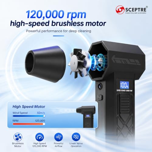 Image of Sceptre 3-in-1 Cordless Air Duster, Vacuum Cleaner & Air Blower | 120000 RPM Brushless Motor | 5200mAh Battery | LED Light | Digital Display | Keyboard, PC, Car & Home Cleaning