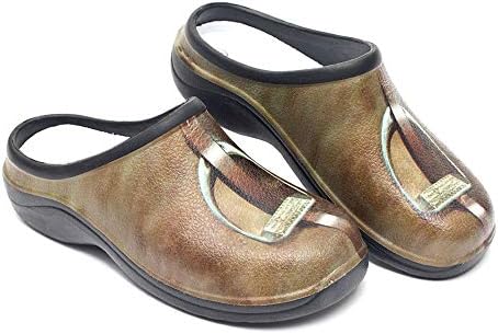 Backdoorshoes Waterproof Premium Garden Clogs for Women with Arch Support, Practical Slip On Outdoor Garden Shoes, Horse Design, US 9