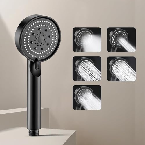 Amazon Basics 5 Mode Hand Held Shower Head For Bathroom | High Pressure Water Flow Hand Shower | ABS Plastic | Essential Bathroom Accessories Black