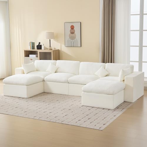 Image of 146''Cloud Boneless Sectional Couch, Modular Sectional Sofa Deep Seat with 2 Ottomans, Oversized Upholstered Convertible Comfy 6 Seater Chenille Sofa U Shape Couches for Living Room, Beige