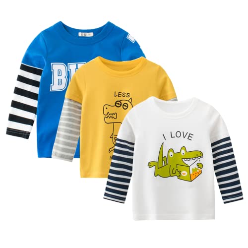 amropi Dinosaurio T Shirt Bebé Niños Pack de 3 Camiseta de Manga Larga Algodón Tops Azul Amarillo Blanco,3 4 años