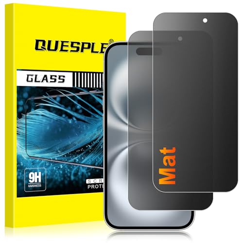 QUESPLE [2 Pièces] Mat Verre Trempé Anti-Espion pour iPhone 16, Anti-empreintes, Anti-éblouissement Matte Film Protection écran, Dureté 9H, Sans Bulles...