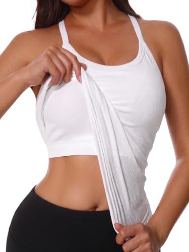 UG Active Women Built-in Bra Tank Tops Seamless Ribbed Tank with Pads Casual Fitted Cami Tank White S