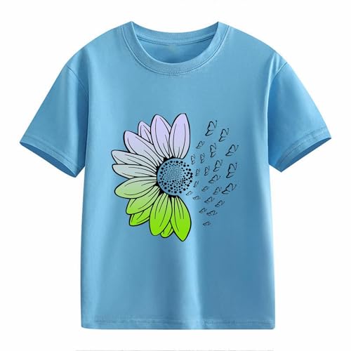 Girls Loose Fit Sunflower Graphic T Shirts Short Sleeve Crewneck Cute Pattern Printed Tops (D-Sky Blue, 12-13 Years)2
