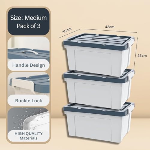 Image of Ash & Roh Multi-Size Plastic Storage Boxes with Secure Latching Lids, Stackable Storage Boxes for Home Organization, Bedroom, Kitchen, or Utility Room (pack of 3, Medium - 42cm X 30cm X 25cm)