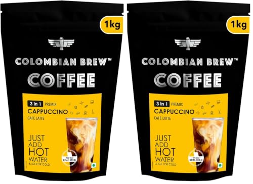 Image of Colombian Brew 3 in 1 Cappuccino Cafe Latte, Instant Coffee Powder Premix 1kg Pouch (Pack of 2)
