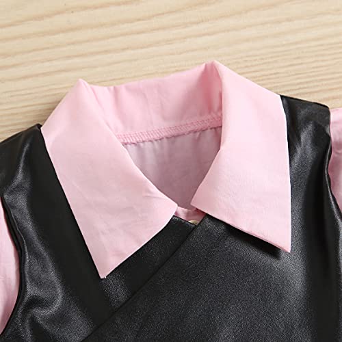 2PCS Infant Baby Girl Outfit Lapel Long Sleeve Button Down Shirt Dress + PU Crop Tops Waistcoat3