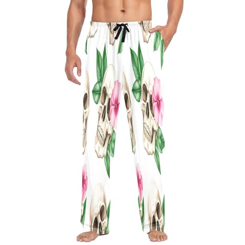 Qilmy Skull Flower Men's Cotton Pajama Pants, Lightweight Lounge Sleepwear with Drawstring and Pocket