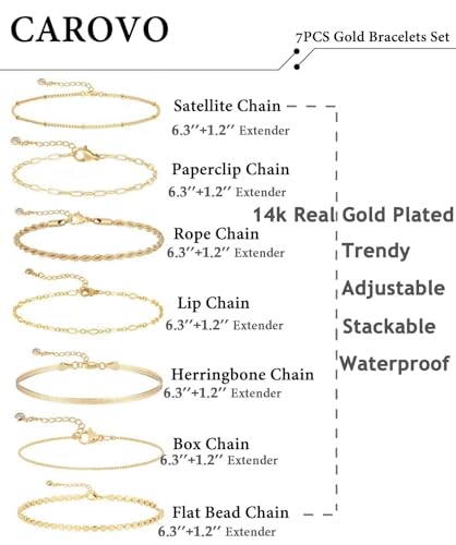 CAROVO Gold Bracelets for Women Waterproof Dainty 14K Gold/Silver Plated Stackable Cuban Beaded Link Snake Lip Paperclip Cuban Rope Chain Bracelets Fashion Jewelry Gift for Women2