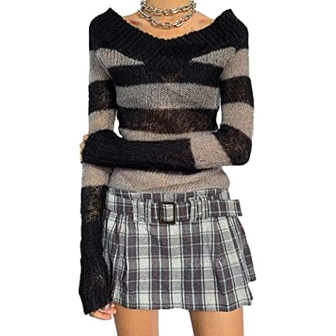 Women Stripe Printed Hollow Y2K Loose Knitted Gothic Sweater Pullovers Zipper Punk Goth Grunge Long Sweaters Jumpers Crop Tops (#2 Black, Medium) Cover