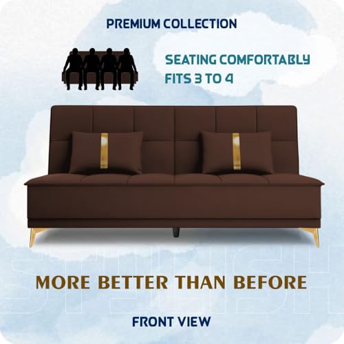 Image of Adorn India Premium New Alyssum 3 Seater Sofa Cum Bed 4X6 Velvet Suede with 2 Cushions (Color Brown) and Suitable for All Indoor, with 3 Years Warranty
