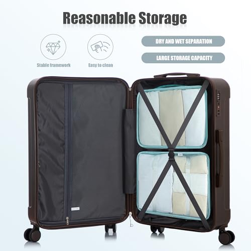 Image of Hardshell Luggage Sets, Lightweight Stripes Suitcases with Spinner Wheels, Brown-222
