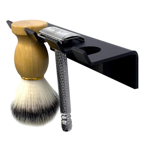 SINNNBLE Acrylic Shower Wall Razor Holder Organizer for Men's Double Edge Safety Razor & Shaving Brush (Black)