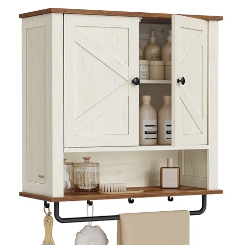 VASAGLE LIRY Collection - Bathroom Wall Cabinet Farmhouse Wall-Mounted Medicine Storage Cabinet with 2 Barn Doors Adjustable Shelf Towel Bar 7.9 x 23.6 x 28.7 Inches Rustic White UBBK131W01S