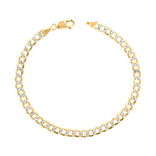 Nuragold 10k Real Yellow Gold Cuban Curb Link 4.5mm Diamond Cut Pave Chain Bracelet (7