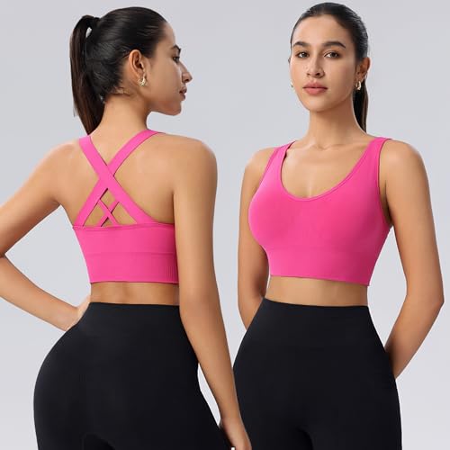 Image of High Support Sports Bras for Women,Criss Cross Strappy Back Seamless Padded | Removable Pads, A-DD Cup, Full Coverage, Seamless, Wireless, Scoop Neck, Cropped Bra, for Workout Yoga Gym Exercise Athletic
