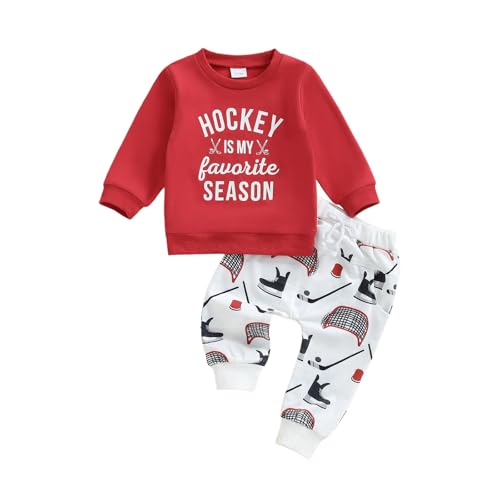 Image of Doqcey Toddler Baby Boy Hockey Outfit Letter Print Long Sleeve Sweatshirt Ice Hockey Pants Set Infant Fall Winter Clothes