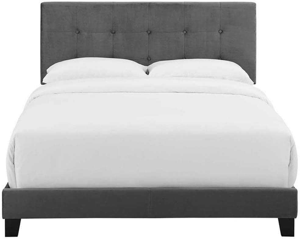 Pemberly Row Full Modern Velvet Bed, 45.5 in H x 80.5 in W x 58 in D, Gray Finish, Button-Tufted Upholstered Headboard, Wood Frame, Non-Marking Foot Caps, Luxe Style Bed for Kid's Bedroom or Guest