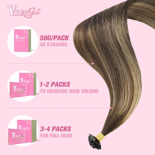 Image of YoungSee K Tip Hair Extensions Real Human Hair Dark Brown Ombre Blonde with Brown Balayage K Tip Hair Extensions Real Human Hair 20In Keratin Hair Extensions Brown Pre Bonded Hair Extensions 50S /50G