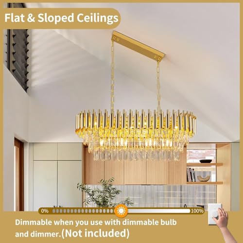 Image of Luxurious 800X300mm Gold Modern Chandelier with K9 Crystals | Warm White, Moonlight & Golden Light | Ceiling Hanging Light for Living Room, Dining Room, Bedroom, Hallway