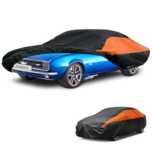 Image of GUNHYI Waterproof Full Car Cover Custom Fit Chevrolet Chevy Chevelle | All‑weather Outdoor sun /rain /dust /snow /wind /UV protection, breathable lightweight fabric, black‑orange design,storage bag