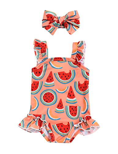 waliwali Newborn Baby Girl Swimsuit Watermelon Print Bikini Ruffles Sleeve Backless Swimwear One-Piece Bathing Suit (Orange-Watermelon, 2T 3T, 2_Years)