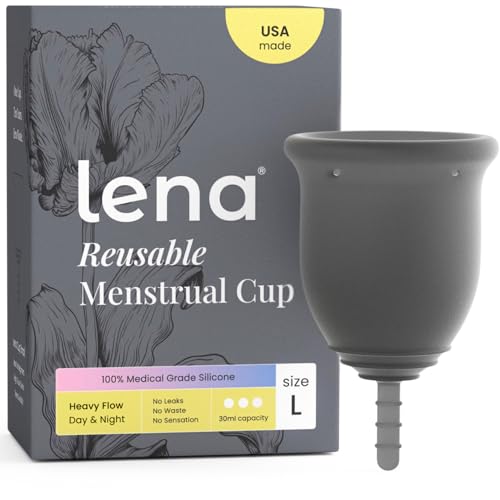 Lena Menstrual Cup Original - Soft Medical-Grade Silicone Period Cups for Women Heavy Flow, Reusable and Comfortable 12-Hour Leak-Free Protection, Beginner-Friendly Feminine Care - Large, Gray
