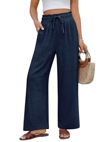 UMIPUBO Pantalones Mujer de Lino Verano Algodón Anchos Comodo Pantalón Cintura Alta Elástico Casual Fluido Largos Ligeros Palazzo Pantalon Pants de Playa con Bolsillos Cordón (Azul Marino, XL)