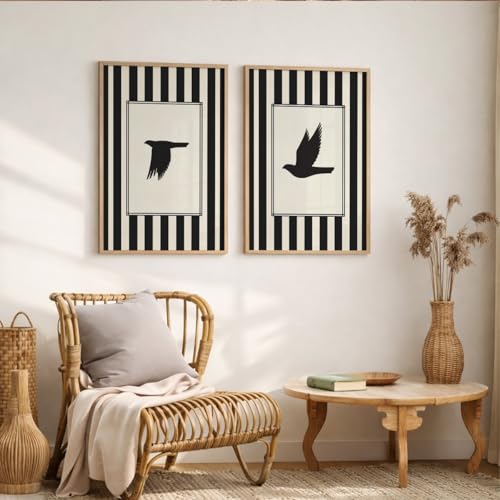 Image of Suneree Flying Birds Wall Art Set of 2 Framed Paintings | Black White Striped Minimal Bird Silhouette Poster | Living Room Bedroom Home Decor (Art 2, 10x13 Inches)