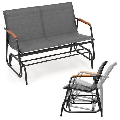KOMFOTTEU Banco Balancín de 2/3 Plazas, Silla Mecedora de Jardín de Tela con Reposabrazos Curvos de Madera Maciza, Banco de Balanceo con Carga 300/450 kg, para Terraza, Exterior (74 x 115 x 84 cm)