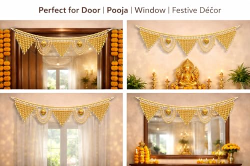 Image of Premium Golden Beads Toran for Door | Designer Bandarwal with Leaf Motifs & Hanging Bells | Traditional Door Decoration for Diwali, Wedding, Griha Pravesh & Pooja