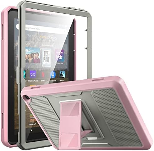 MoKo Case Fits All-New H D 8 inch Tablet (12th Generation, 2022 Release), Full Body Rugged Hands-Free Viewing Stand Back Cover with Screen Protector, Gray/Pink