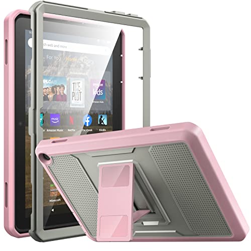 Moko Case Fits All-New H D 8 Inch Tablet (12Th Generation, 2022 Release), Full Body Rugged Hands-Free Viewing Stand Back Cover With Screen Protector, Gray/Pink #TOP19