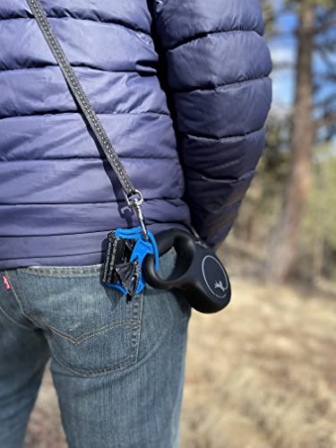 Image of Ultra Slim Bag Holder For Leash-One-Handed Operation- Keeps Rolls Secure Without Unrolling-Double Bag Hooks For Full Bags- Includes (1) Roll of Dog Waste Bags (2 Pack, Blue)