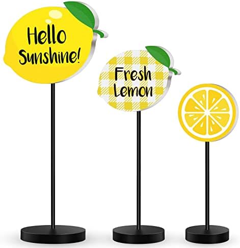 3 Pcs Summer Lemon Wood Table Sign Standing Wooden Lemon Tabletop Home Decor Rustic Wooden Tabletop Centerpiece Fresh Lemonade Tall Standing Block Decorations for Farmhouse Rustic Kitchen Table