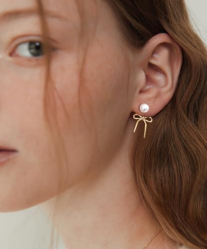 Gold Pearl Earrings for Women: Trendy Bow Earrings, 14k Gold Plated, Dainty Drop Pearl, Hypoallergenic Studs, Sparkly Diamond Hoops2