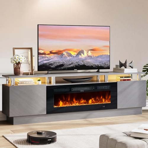 Image of OneBlis 70" TV Stand for Living Room, Entertainment Center with Storage Cabinet, Fits TVs up to 80", Modern Media Console with Shelves, 36" Electric Fireplace (Grey+Black)