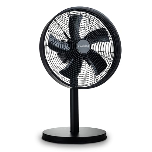 Immagine prodotto: Innoliving Ventilatore Metallo INN-530B/529B, Tavolo o Piantana, Diametro 35-45 cm, 3 Velocità, Modalità Oscillazione, Struttura Robusta Metallo Nero, Inclinazione Regolabile 35-50W (Da Tavolo)