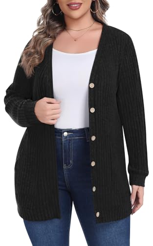 Lastshe Women's Plus Size Cardigan Sweaters Button Down Long Sleeve Fall Cardigans Knit Outwear with Pockets