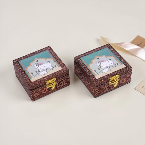 Image of Handcrafted Wooden Jewellery Box Copper Metal Finish (4 x 4 inch) - Pack of 2 | Oxidized Pichwai Cow Design | Decorative Organizer | Storage Box for Women Puja Festive Gifting | Sacred Teal